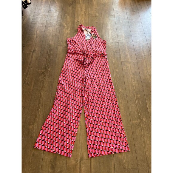 NWT Diane von Furstenberg Collared Sleeveless Pink Geo Jumpsuit Size XL Summer - Picture 4 of 16
